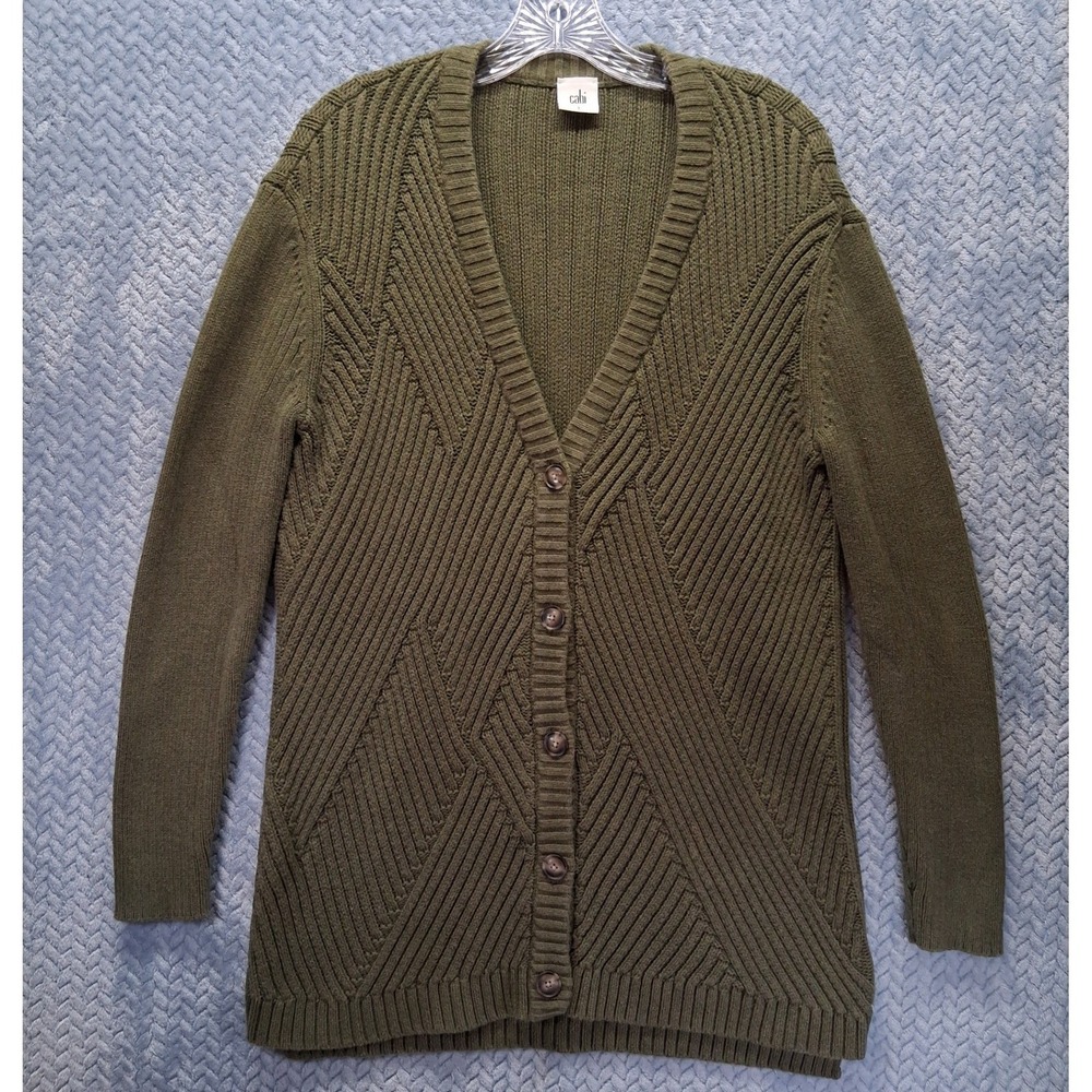 Cabi Olive Green Ribbed Chevron Button Front Cardigan Sweater Small